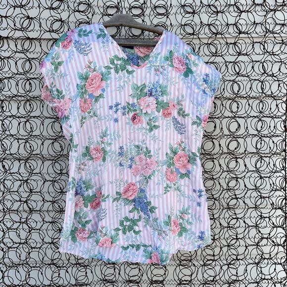 Vintage 90s Sleep Solutions Pastel Floral Slinky Sleep Shirt Blouse - Picture 1 of 3